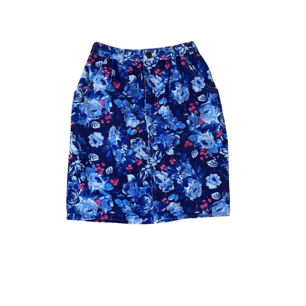 Vintage 90s‎ Blue Floral Denim High Waist Button Front Mini Skirt Size 6